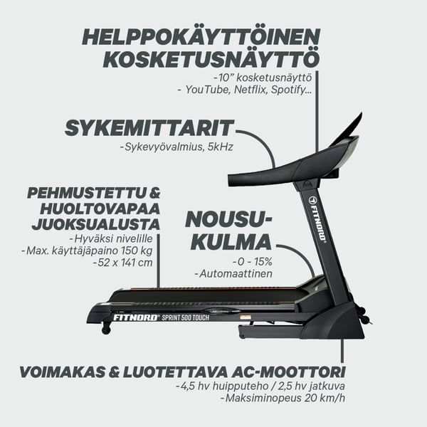 FitNord Sprint 500 Touch Juoksumatto *VOITELUVAPAA* (VUODEN LISÄTAKUU JA SYKEVYÖ KAUPAN PÄÄLLE — arvo 299,80 €) 4